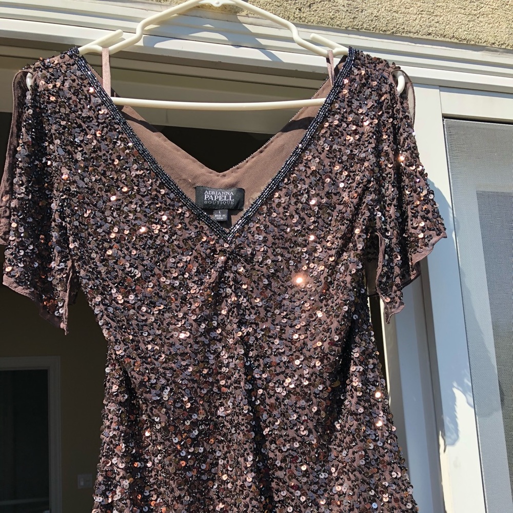 Adrianna Papell chocolate silk/sequin butterfly